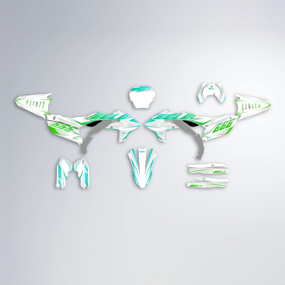 EKKE Yamaha YZF SM graphics kit parts layout in Cyan & Green