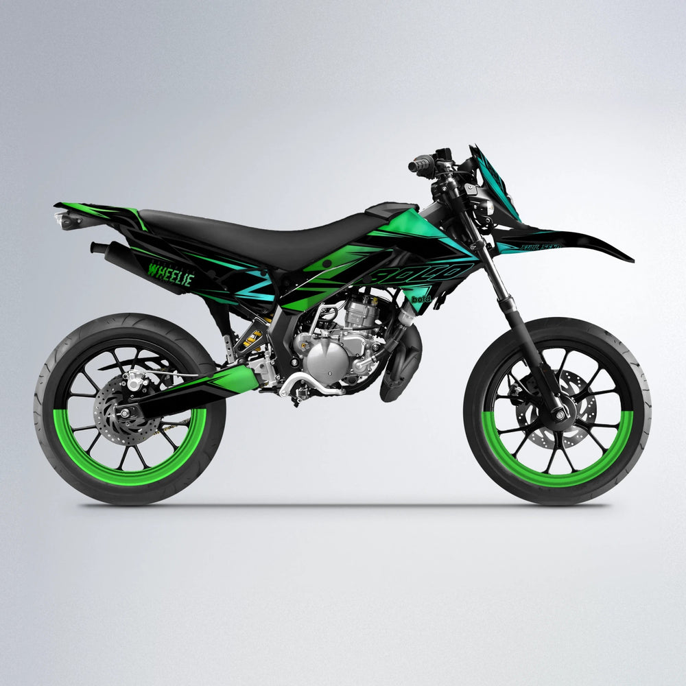 EVO Derbi Senda supermoto graphics kit in Cyan & Green