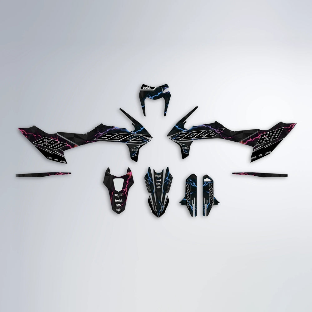 FLASH KTM SMC 690 graphics kit parts layout in Pink & Light Blue