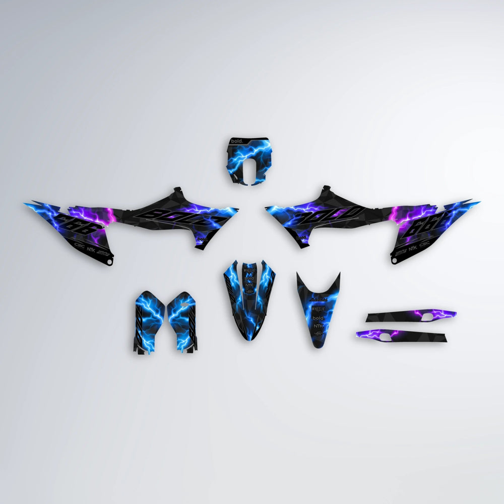 FLASH Stark Varg MX graphics kit parts layout in Blue Purple Fade