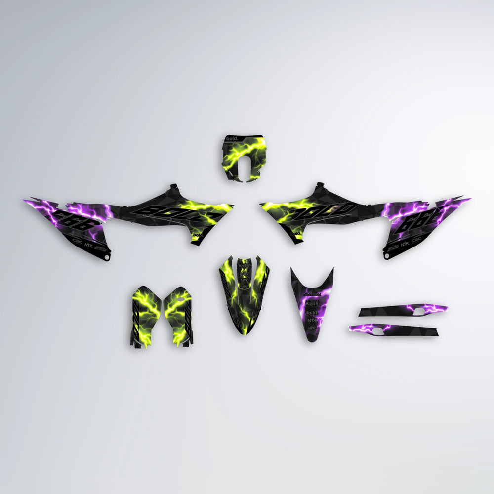 FLASH Stark Varg MX graphics kit parts layout in Purple & Yellow