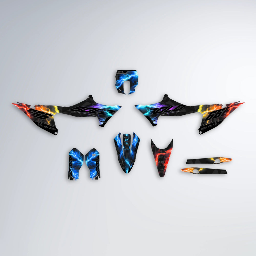FLASH Stark Varg MX graphics kit parts layout in Sunset Fade