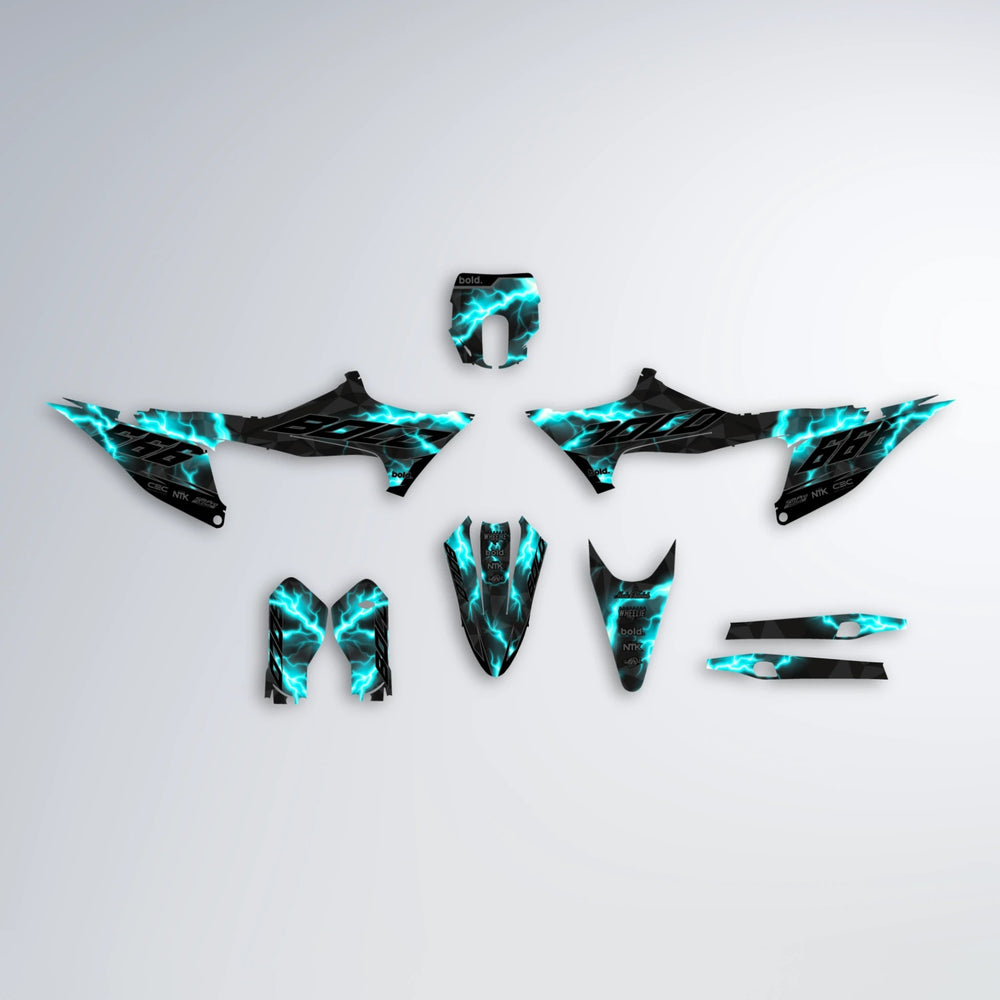 FLASH Stark Varg MX graphics kit parts layout in Teal