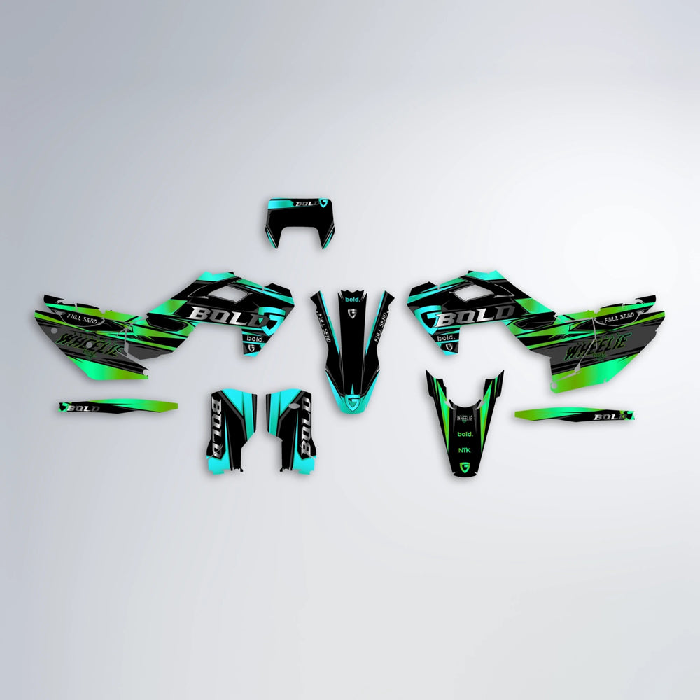 GEBEL V1 Husqvarna FE/TE graphics kit parts layout in Cyan & Green