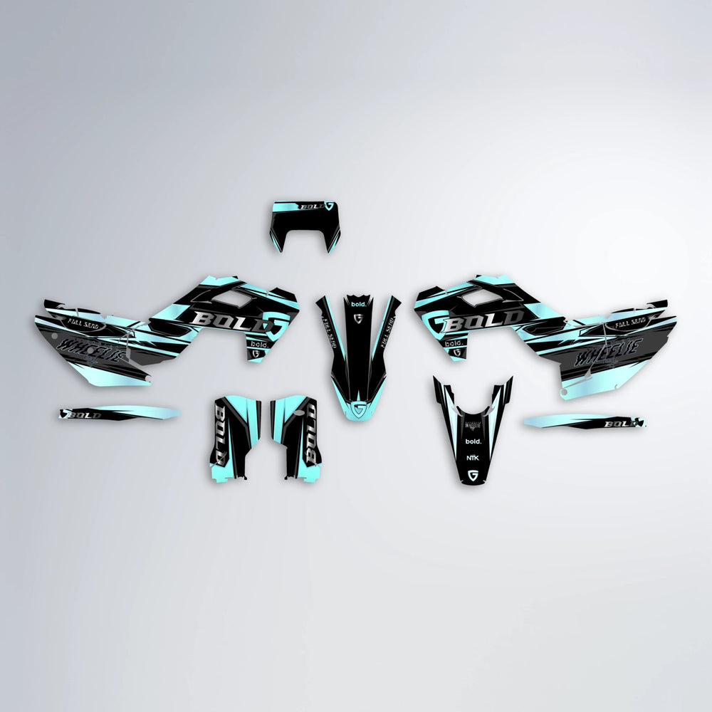 GEBEL V1 Husqvarna FE/TE graphics kit parts layout in Mint