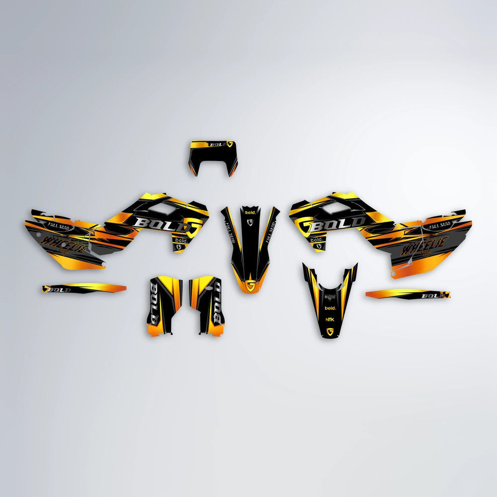 GEBEL V1 Husqvarna FE/TE graphics kit parts layout in Orange & Yellow