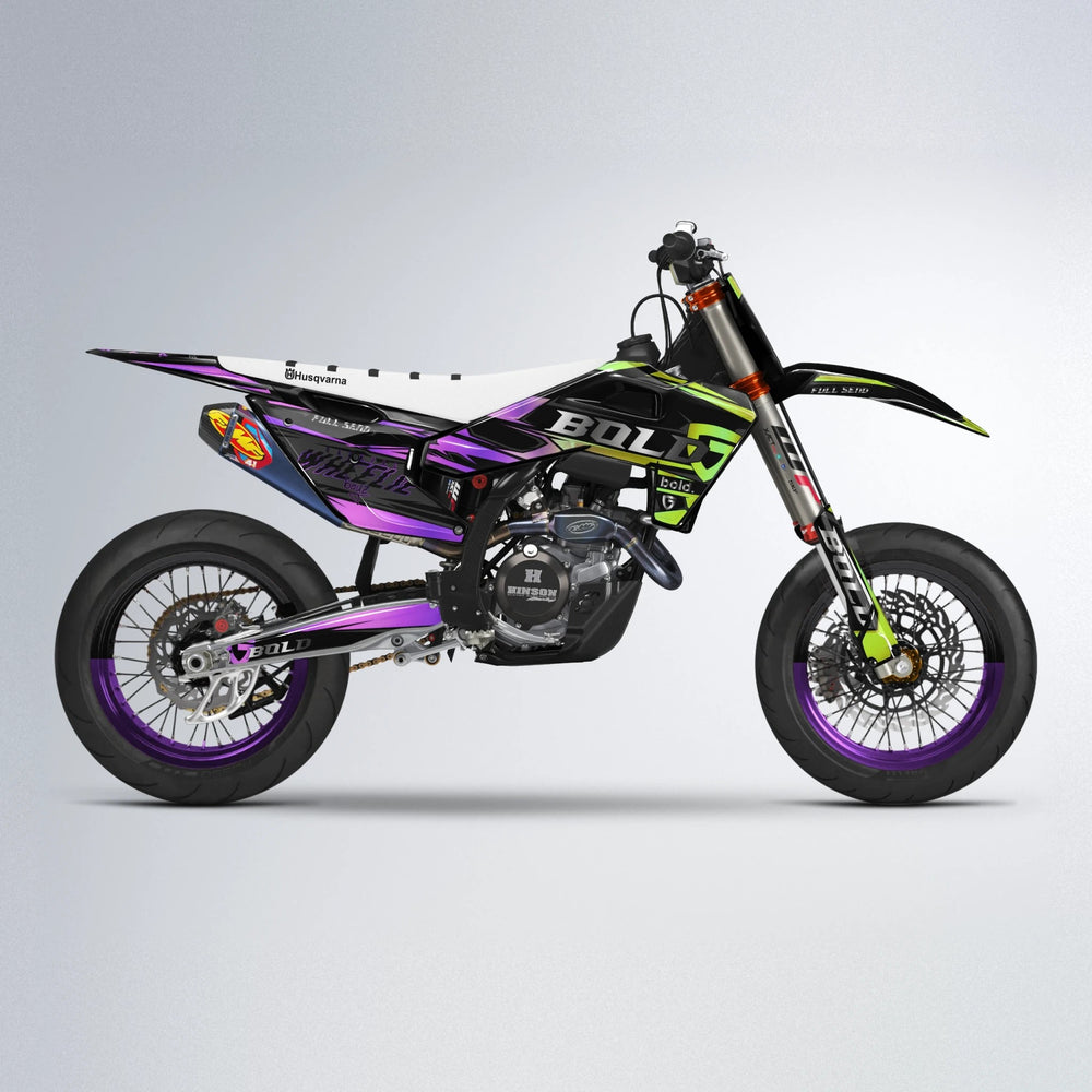 GEBEL V1 Husqvarna FE/TE supermoto graphics kit in Purple & Yellow