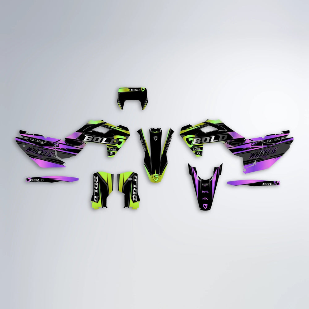 GEBEL V1 Husqvarna FE/TE graphics kit parts layout in Purple & Yellow