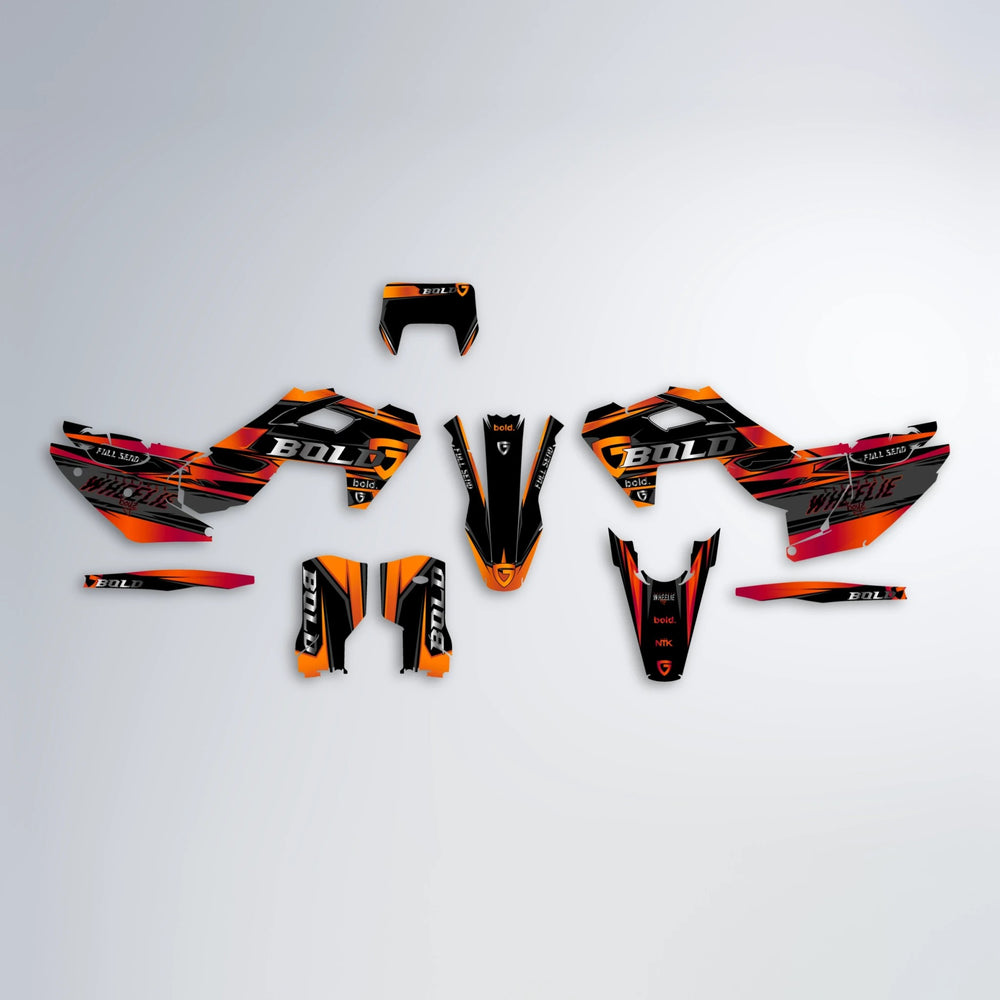 GEBEL V1 Husqvarna FE/TE graphics kit parts layout in Red & Orange