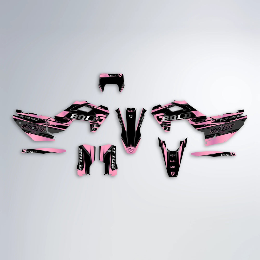 GEBEL V1 Husqvarna FE/TE graphics kit parts layout in Sakura Pink