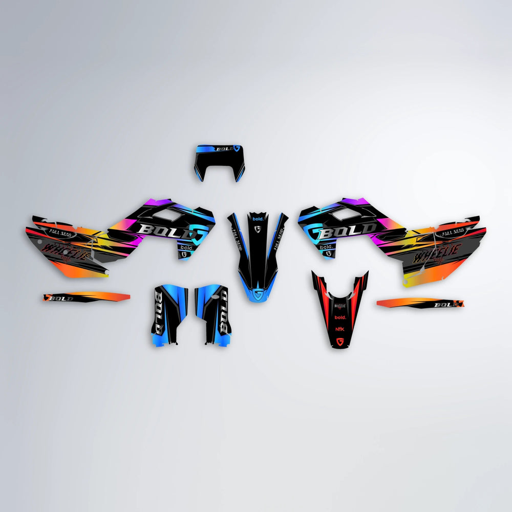 GEBEL V1 Husqvarna FE/TE graphics kit parts layout in Sunset Fade