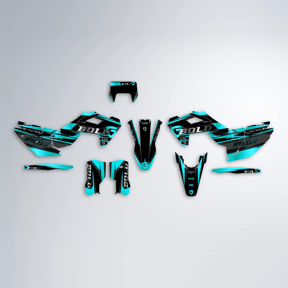 GEBEL V1 Husqvarna FE/TE graphics kit parts layout in Teal