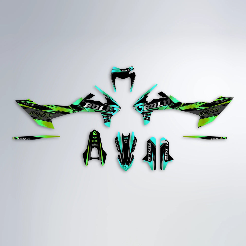 GEBEL V1 KTM SMC 690 graphics kit parts layout in Cyan & Green
