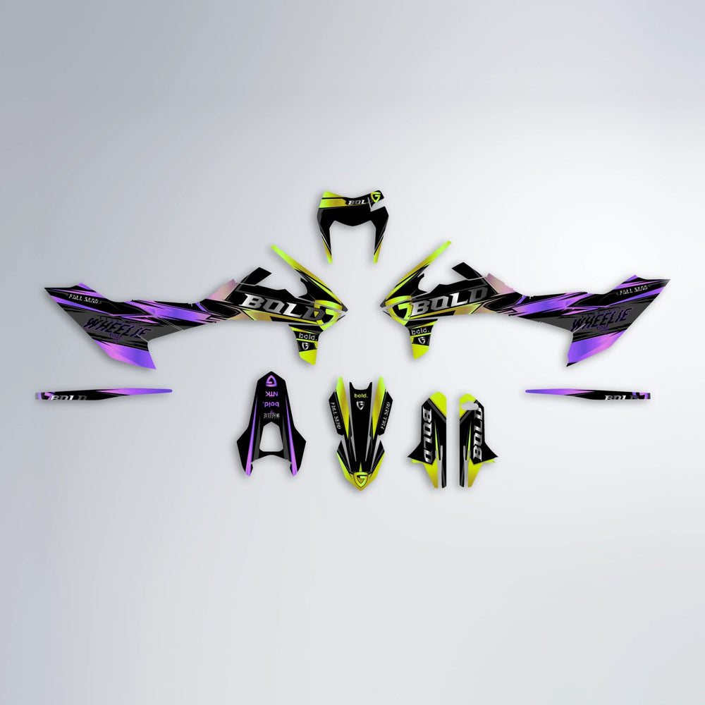 GEBEL V1 KTM SMC 690 graphics kit parts layout in Purple & Yellow