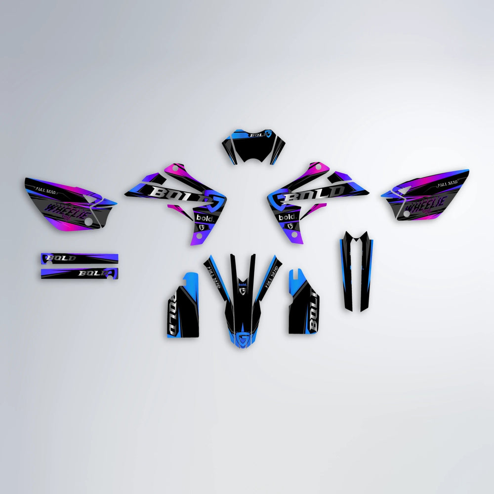 GEBEL V1 Rieju MRT graphics kit parts layout in Blue Purple Fade