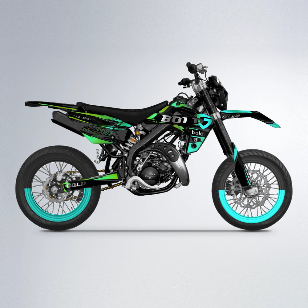 GEBEL V1 Rieju MRT supermoto graphics kit in Cyan & Green