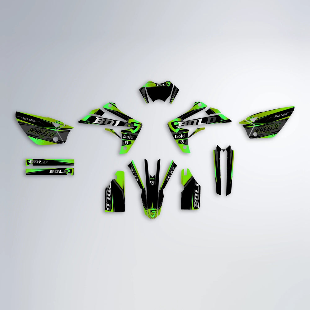 GEBEL V1 Rieju MRT graphics kit parts layout in Green