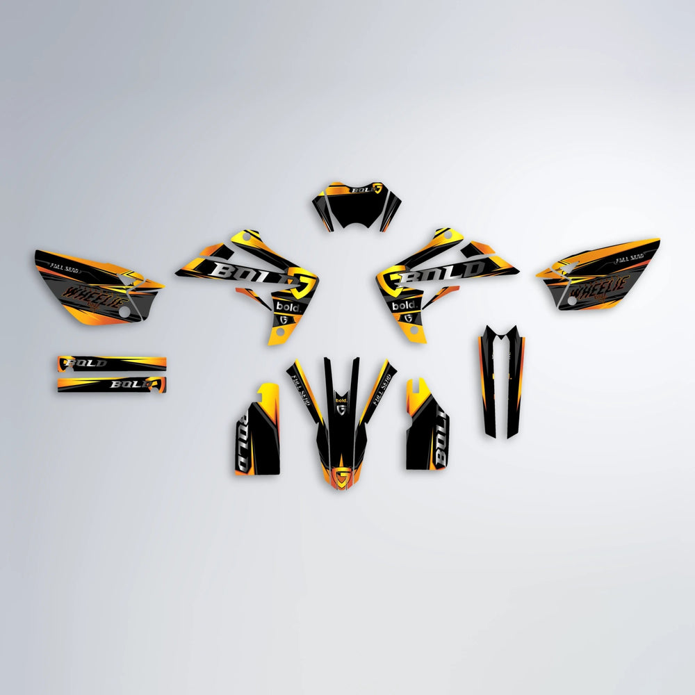 GEBEL V1 Rieju MRT graphics kit parts layout in Orange & Yellow