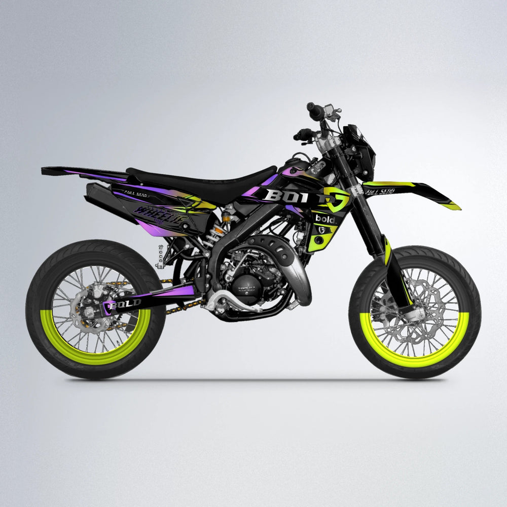 GEBEL V1 Rieju MRT supermoto graphics kit in Purple & Yellow