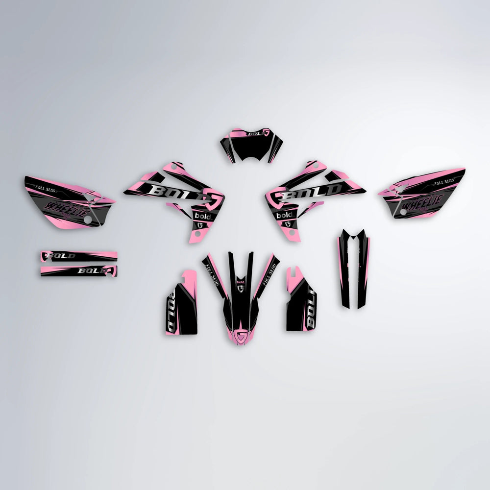 GEBEL V1 Rieju MRT graphics kit parts layout in Sakura Pink