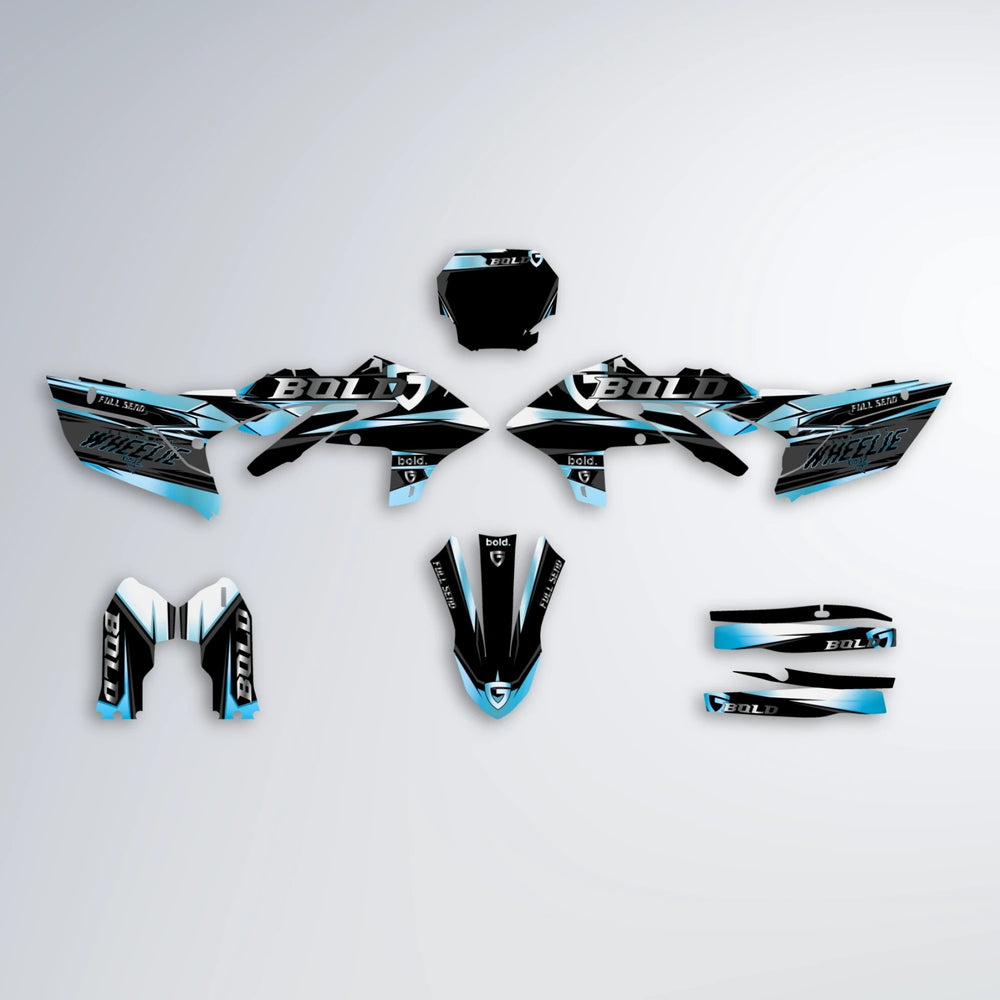 GEBEL V1 Yamaha YZF MX graphics kit parts layout in Light Blue & White