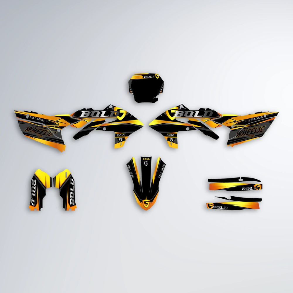 GEBEL V1 Yamaha YZF MX graphics kit parts layout in Orange & Yellow