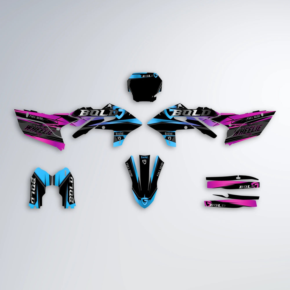 GEBEL V1 Yamaha YZF MX graphics kit parts layout in Pink & Light Blue