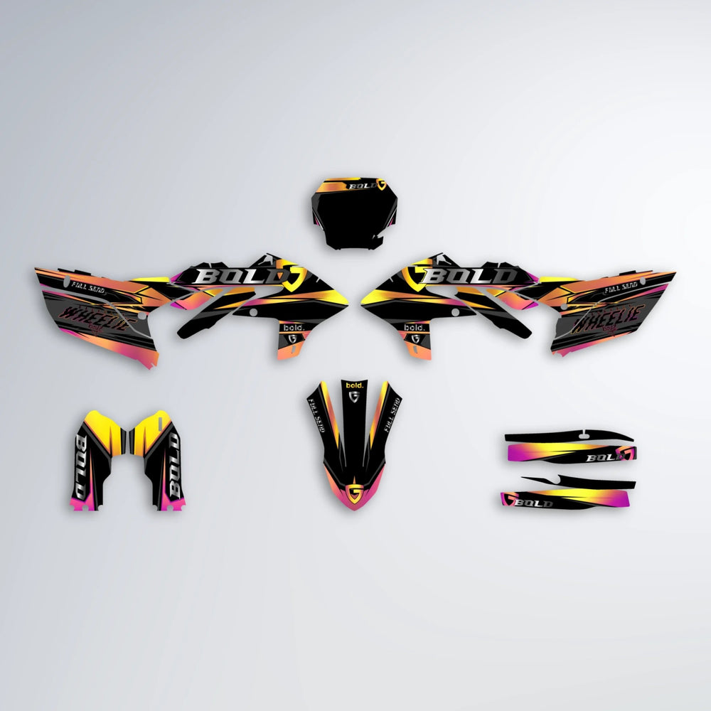GEBEL V1 Yamaha YZF MX graphics kit parts layout in Pink & Yellow