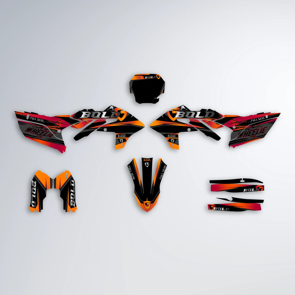 GEBEL V1 Yamaha YZF MX graphics kit parts layout in Red & Orange