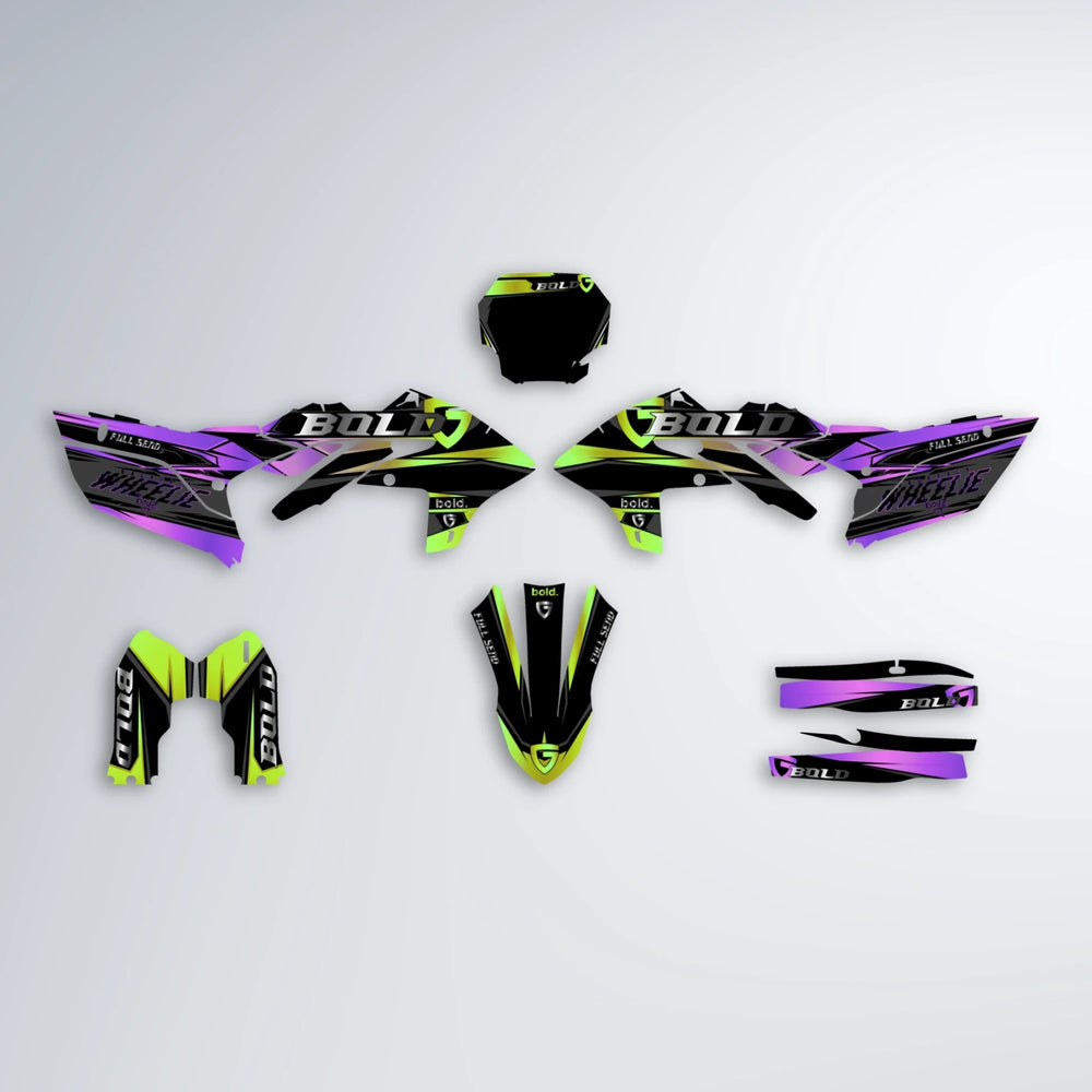 GEBEL V1 Yamaha YZF SM graphics kit parts layout in Purple & Yellow