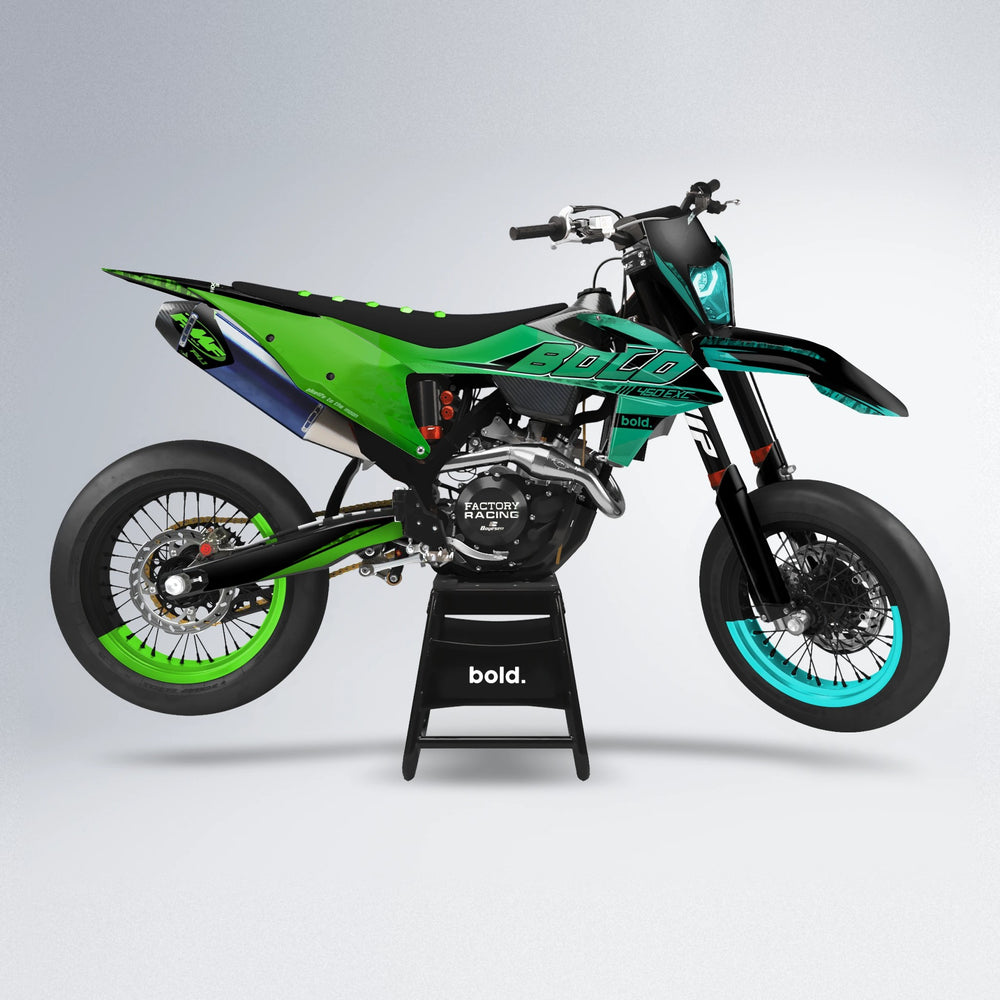 GEBEL V2 supermoto graphics kit in Cyan & Green