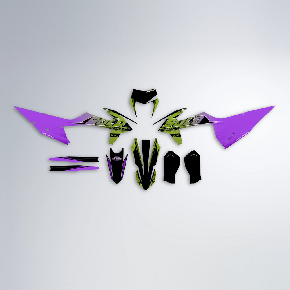 GEBEL V2 graphics kit parts layout in Purple & Fluo Yellow