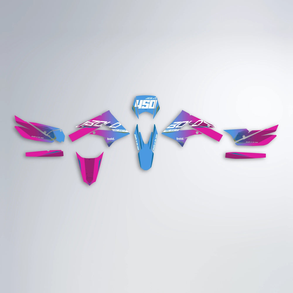 GEBEL V3 Derbi Senda graphics kit parts layout in Pink & Light Blue