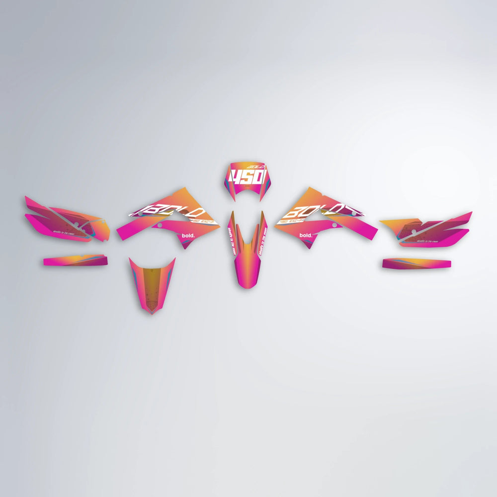 GEBEL V3 Derbi Senda graphics kit parts layout in Pink & Yellow