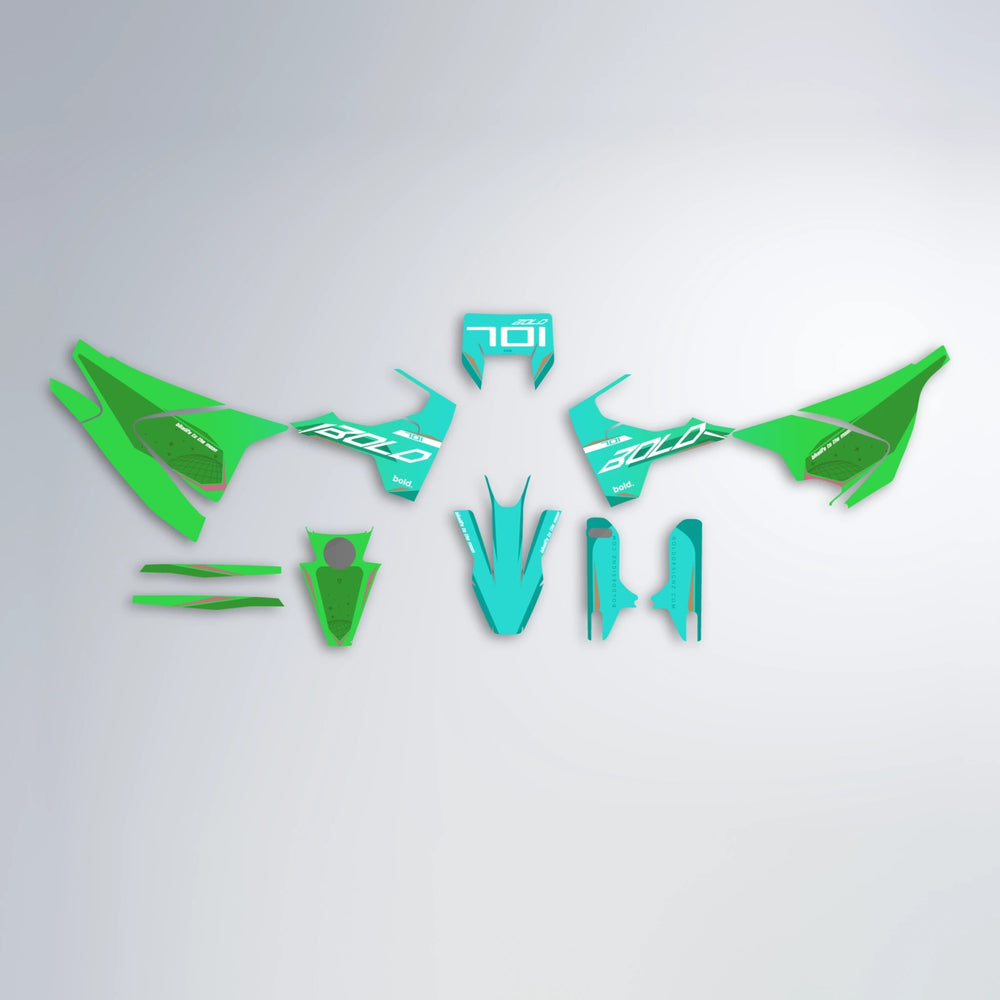GEBEL V3 Husqvarna 701 graphics kit parts layout in Cyan & Green