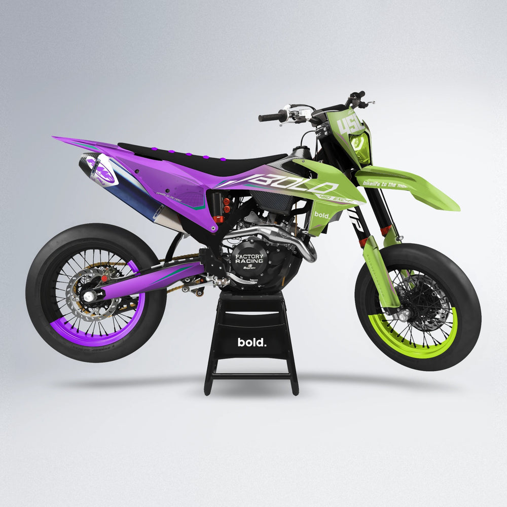 GEBEL V3 supermoto graphics kit in Purple & Fluo Yellow