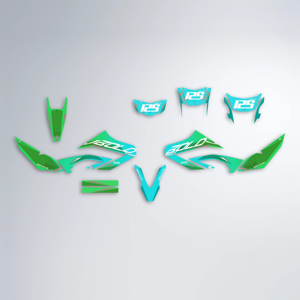 GEBEL V3 Yamaha WR 125X graphics kit parts layout in Cyan & Green