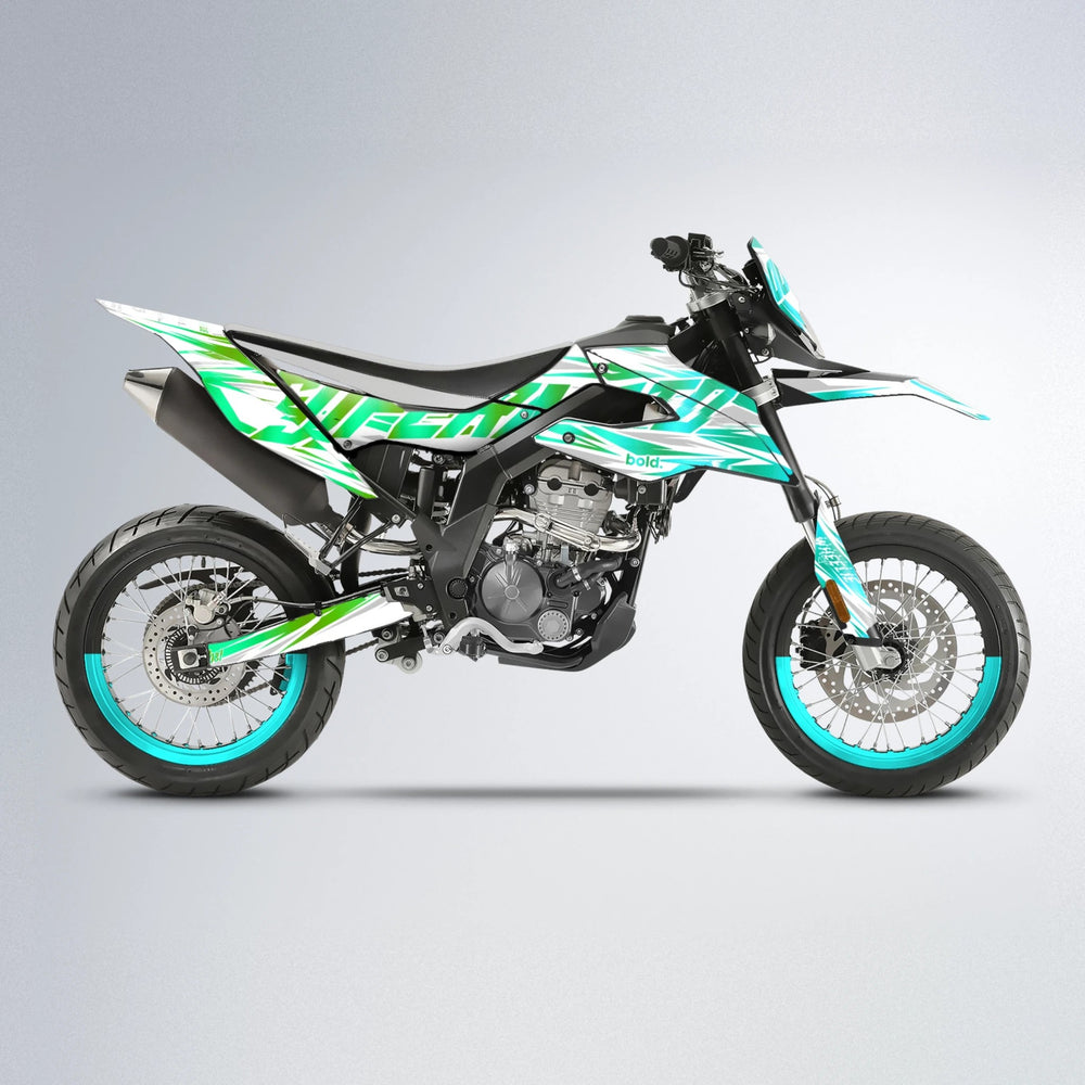 GEBEL V4 Aprilia SX 125 supermoto graphics kit in Cyan & Green