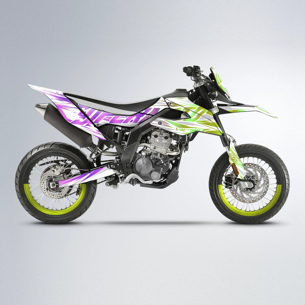 GEBEL V4 Aprilia SX 125 supermoto graphics kit in Purple & Yellow