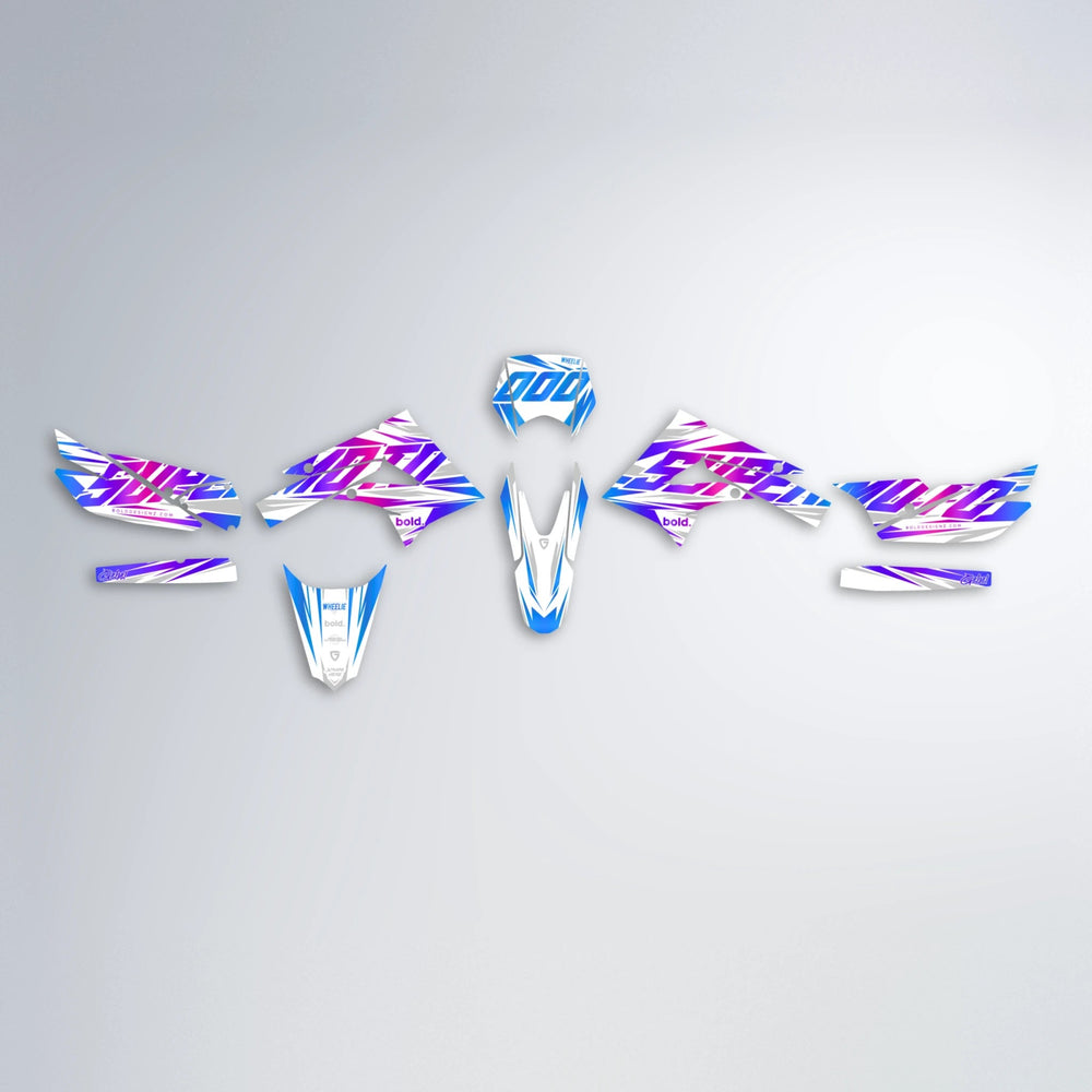 GEBEL V4 Derbi Senda graphics kit parts layout in Blue Purple Fade