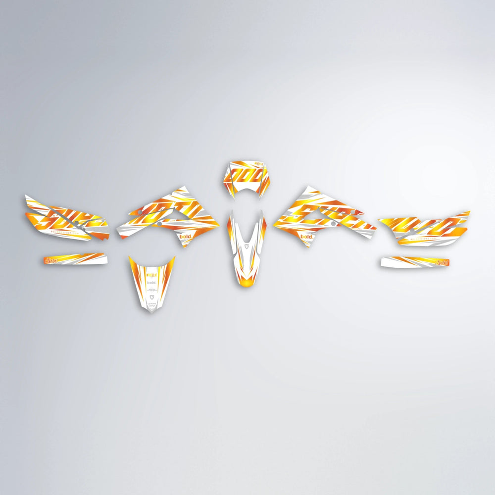 GEBEL V4 Derbi Senda graphics kit parts layout in Orange & Yellow