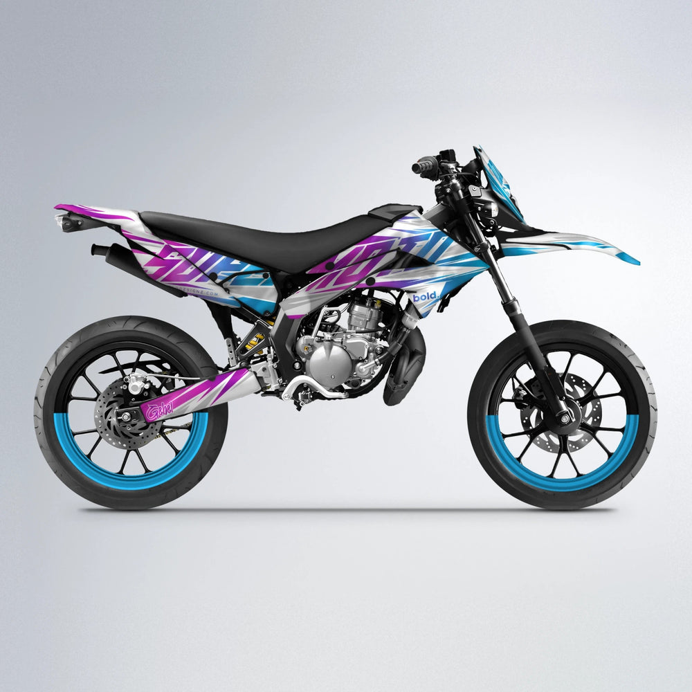 GEBEL V4 Derbi Senda supermoto graphics kit in Pink & Light Blue