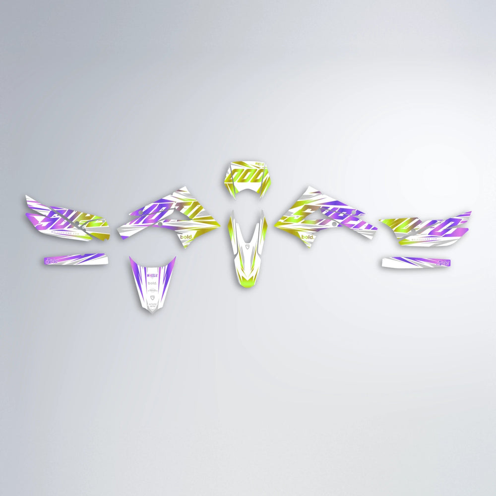 GEBEL V4 Derbi Senda graphics kit parts layout in Purple & Yellow