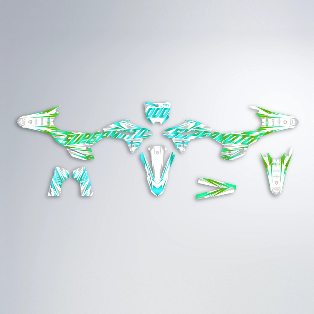 GEBEL V4 Honda graphics kit parts layout in Cyan & Green