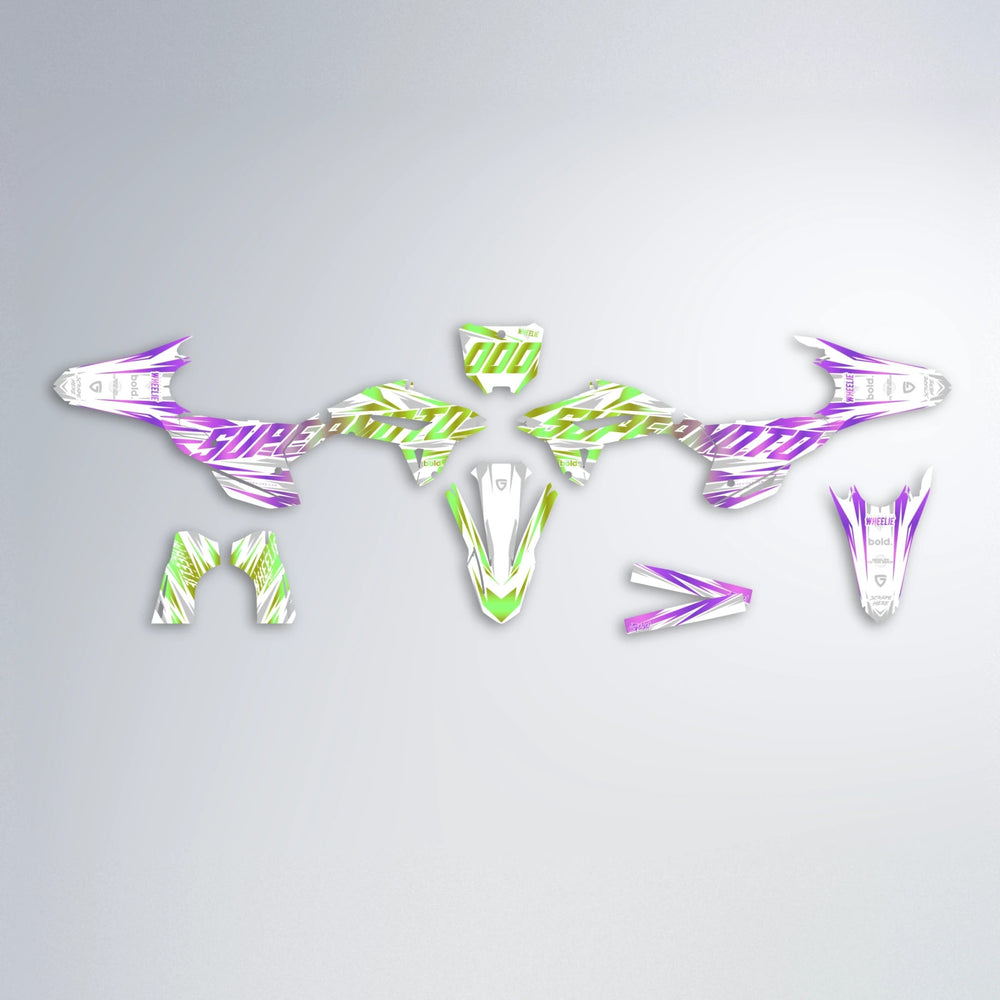 GEBEL V4 Honda graphics kit parts layout in Purple & Yellow
