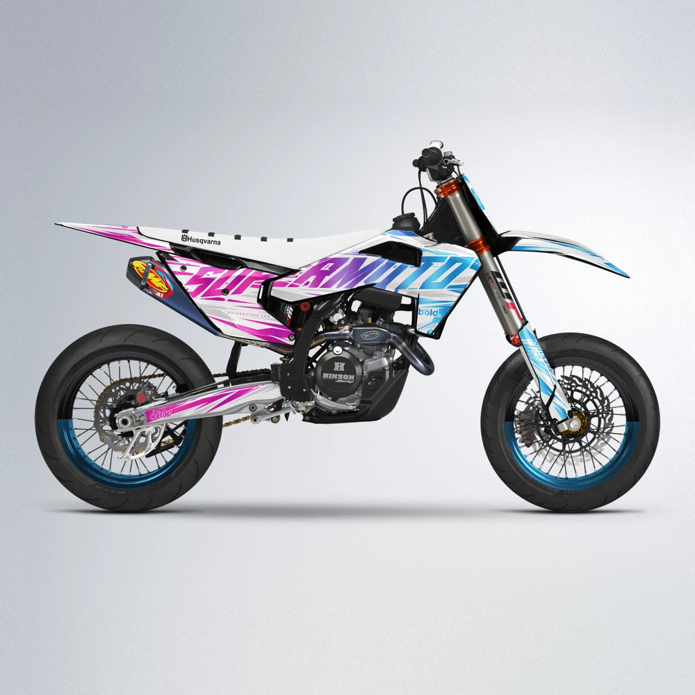GEBEL V4 Husqvarna FE/TE supermoto graphics kit in Pink & Light Blue