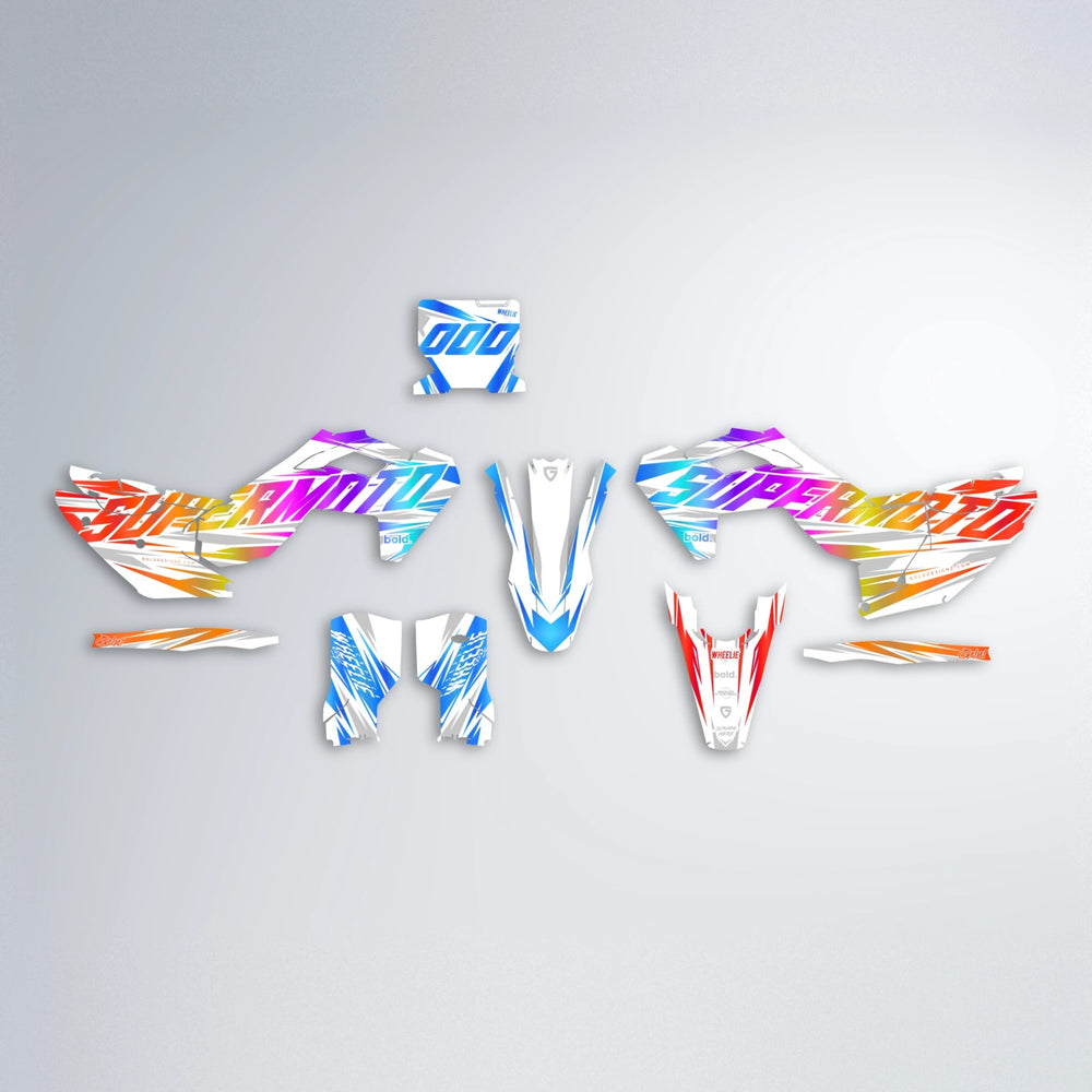GEBEL V4 Husqvarna FE/TE graphics kit parts layout in Sunset Fade