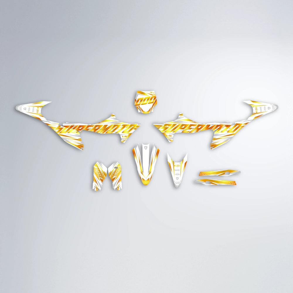 GEBEL V4 Stark Varg SM graphics kit parts layout in Orange & Yellow