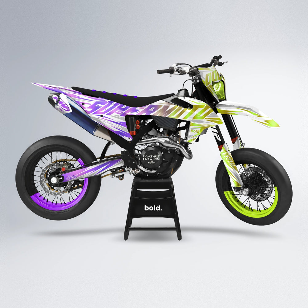 GEBEL V4 supermoto graphics kit in Purple & Fluo Yellow