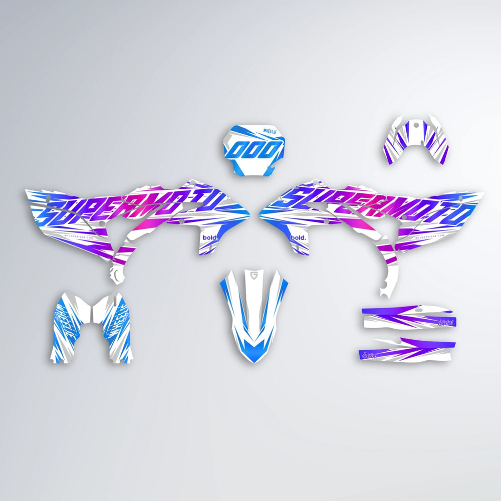 GEBEL V4 Yamaha YZF MX graphics kit parts layout in Blue Purple Fade
